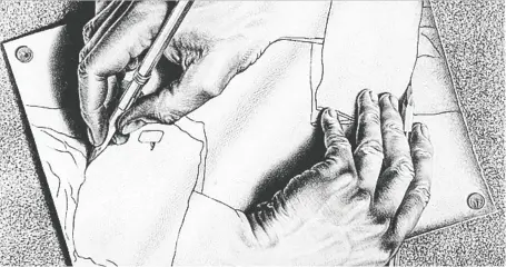  ??  ?? The palindrome is a concept also reflected in science and in art, as seen in the symmetrica­l 1948 sketch Drawing Hands, by M. C. Escher.