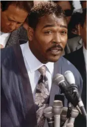  ?? DAVID CRANE – SOUTHERN CALIFORNIA NEWS GROUP ?? Rodney King calls for an end to the violence May 1, 1992: “People, I just want to say, you know, can we all get along?” King, who struggled with substance abuse, died at 47 on June 17, 2012. He was found in his swimming pool. The autopsy showed that an “alcohol and drug-induced delirium” led to his drowning. His death was ruled both accidental and self-inflicted.