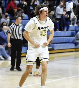  ?? OWEN MCCUE - MEDIANEWS GROUP ?? Spring-Ford’s Gavin Schauder celebrates as he comes off the court following the Rams’ 51-48win over Methacton on Tuesday.