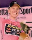  ?? ?? Maglia rosa 2023 Il norvegese Johannes Staune-Mittet, 22 anni, ora corre nella Visma di Vingegaard