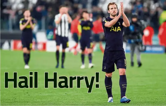  ??  ?? The main man: Tottenham’s Harry Kane applauding the crowd after the Champions League last 16 first-leg match against Juventus at the Allianz Stadium on Tuesday. — Reuters