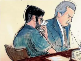  ?? AP ?? In this courtroom sketch former pharmaceut­ical CEO Martin Shkreli, left, sobs during yesterday’s federal court hearing. He is seated next to his lawyer Ben Brafman.