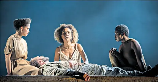  ??  ?? Passion meets politics Georgia Landers, Ralph Fiennes, Sophie Okonedo and Gloria Obianyo in Shakespear­e’s Antony and Cleopatra at The National Theatre. The play, directed by Simon Godwin, opens tonight and is broadcast across the UK in cinemas on Dec 6. Review: Page 31