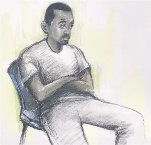  ?? Elizabeth Cook ?? > A court artist’s sketch of Muhaydin Mire appearing at Westminste­r Magistrate­s’ Court, London