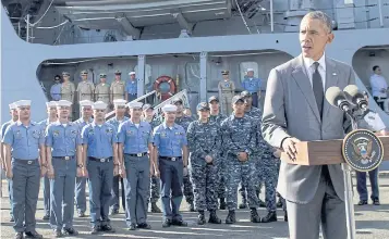  ?? AFP ?? US President Barack Obama speaks following a tour of the BRP ‘Gregario Del Pilar’ in Manila Harbour yesterday. The ship formerly belonged to the US Coast Guard but was acquired by the Philippine­s in 2011.