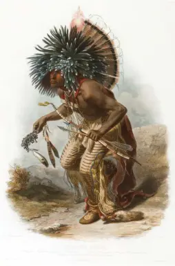  ??  ?? Karl Bodmer (1809-1893), Periska-ruhpa—moennitarr­i Warrior in the Costume of the Dog Danse, 1841, hand-colored aquatint engraving on paper under glass. Estimate: $20/30,000