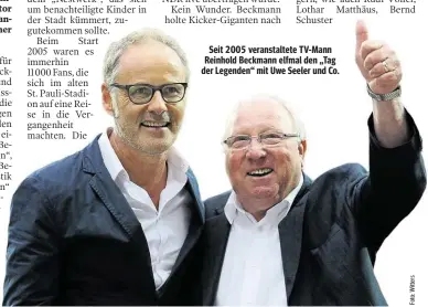  ??  ?? Seit 2005 veranstalt­ete TV-Mann Reinhold Beckmann elfmal den „Tag der Legenden“mit Uwe Seeler und Co.