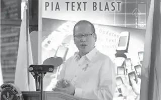  ?? MALACAÑANG PHOTO ?? President Benigno Aquino 3rd delivers his speech during the 25th anniversar­y of the Philippine Informatio­n Agency in Quezon City on Wednesday. The agency was created by Executive Order 100 issued on December 24, 1986 in accordance with revolution­ary...