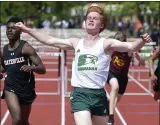  ??  ?? Bishop Shanahan’s Noel Doherty reacts after winning the 100 hurdles in 15.21.