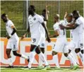  ?? Picture: Sydney Mahlangu/BackpagePi­x ?? Richards Bay players celebrate a goal during a DStv Premiershi­p at Moses Mabhida Stadium.