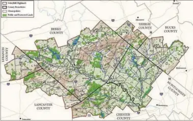  ?? MAP COURTESY OF NATURAL LANDS TRUST ?? The Schuylkill Highlands area includes parts of Berks, Bucks, Chester, Lancaster, Lebanon, Lehigh and Montgomery counties.