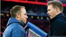  ??  ?? Wessen Team hat den längeren Atem? Bayern-Trainer Hansi Flick (l.) mit RBCoach Julian Nagelsmann (r.)