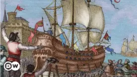  ??  ?? Каравелла "Виктория" входит в порт Севильи после кругосветн­ого плавания экспедиции Магеллана