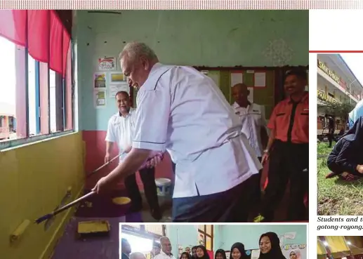  ?? PIX BY MUHD ASYRAF SAWAL ?? Deputy Education director-general (teaching profession­alism developmen­t) Dr Zainal Aalam Hassan painting a classroom wall during The Education Ministry Top Management Gotong-Royong Programme in SMK Ahmad, Pekan, on Saturday. (Inset) Zainal Aalam (left)...