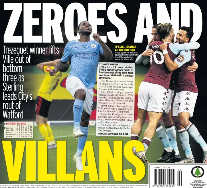  ??  ?? IT’S ALL CHANGE AT THE BOTTOM
It was agony for Watford against Sterling (left) and Man City.. and made worse by Villa’s win
