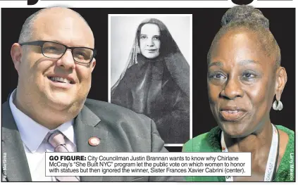  ??  ?? GO FIGURE: City Councilman Justin Brannan wants to know why Chirlane McCray’s “She Built NYC” program let the public vote on which women to honor with statues but then ignored the winner, Sister Frances Xavier Cabrini (center).