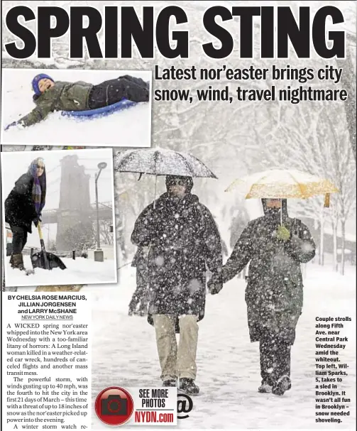  ??  ?? Couple strolls along Fifth Ave. near Central Park Wednesday amid the whiteout. Top left, William Sparks, 5, takes to a sled in Brooklyn. It wasn’t all fun in Brooklyn – snow needed shoveling.