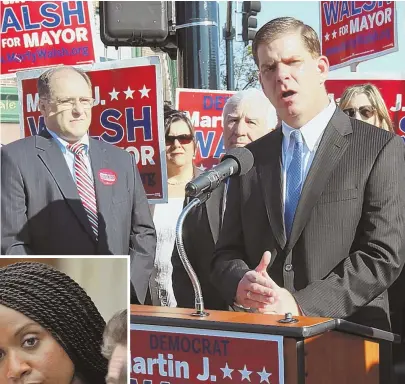  ?? STAFF FILE PHOTO, ABOVE, BY JOHN WILCOX; LEFT, BY NANCY LANE ?? ‘A LITTLE EARLY IN THE GAME’: Mayor Martin J. Walsh, above, will join U.S. Rep. Michael E. Capuano, left above, to campaign for his re-election against challenger City Councilor Ayanna Pressley, left.