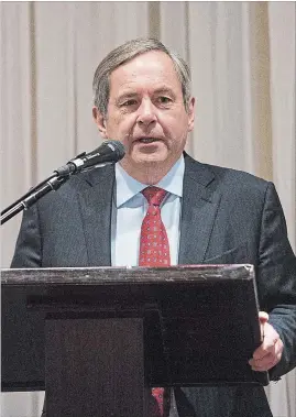  ?? JULIE JOCSAK THE ST. CATHARINES STANDARD ?? David MacNaughto­n, Canada’s Ambassador to the United States, speaks during a Niagara Community Foundation breakfast at the Quality Inn on Ontario Street in St. Catharines last Friday.