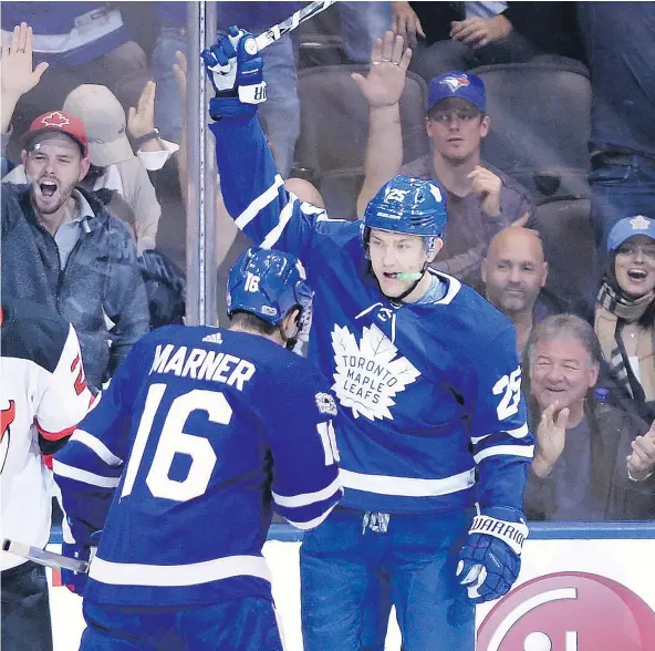  ??  ?? James van Riemsdyk, right, scored the Toronto Maple Leafs’ last game-winner against the Montreal Canadiens, way back in January 2014. The Leafs have lost 14 straight games to the Montreal Canadiens heading into their matchup on Saturday. — THE CANADIAN...