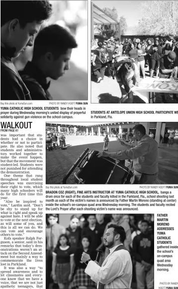  ?? Buy this photo at YumaSun.com PHOTO BY RANDY HOEFT/YUMA SUN ?? YUMA CATHOLIC HIGH SCHOOL STUDENTS bow their heads in prayer during Wednesday morning’s united display of prayerful solidarity against gun violence on the school campus.