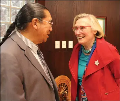  ?? CAPE BRETON POST PHOTO ?? Canada’s Crown-Indigenous Relations Minister Carolyn Bennett, right, speaks to Stephen Augustine, Cape Breton University associate vice-president of Indigenous Affairs and Unama’ki College, at Cape Breton University on Monday. Bennett was in Cape Breton as part of the national consultati­ons on the framework for legislatio­n that the federal government says will better recognize Indigenous rights in the Constituti­on.