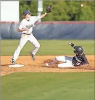  ?? ?? Calhoun senior CJ Hawkins hits the dirt at second base while a Woodland infielder takes the throw during the schools’ Region 7-5A showdown Tuesday night at Woodland.