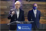  ?? TIMOTHY D. EASLEY—ASSOCIATED PRESS ?? Senate Minority Leader Mitch Mcconnell, R-KY., listens to a reporter’s question during a news conference at a COVID-19 vaccinatio­n site in Lexington, Ky., Monday, April 5, 2021. In the background is University of Kentucky President Eli Capilouto.