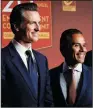  ?? ALLEN J. SCHABEN/LOS ANGELES TIMES ?? California gubernator­ial candidates Lieutenant Governor Gavin Newsom, left, and former mayor of Los Angeles Antonio Villaraigo­sa, following a debate at Bovard Auditorium on the USC campus in Los Angeles on Jan. 13.