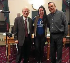  ?? SUSAN SERBIN — DIGITAL FIRST MEDIA ?? Media Borough and Town Talk present a $2,500 check to Providence Animal Center from sponsorshi­p proceeds of the Eagles pep rally held the day prior to Super Bowl LII. Mayor Bob McMahon, left, Justina Calgiano of Providence Animal Center, and Rich Crowe...