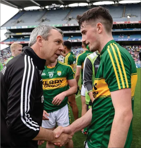  ??  ?? Kerry manager Peter Keane with Micheál Foley after the All-Ireland Minor Football Championsh­ip quarter-final win over Derry at Croke Park. Photo by Sportsfile