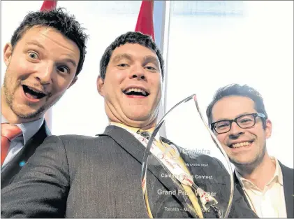  ?? SUBMITTED PHOTO ?? Icegrid team members (from left) Brandon Copeland, Dr. Brett Favaro and Dave Lane celebrate their Caninfra win with a selfie. The trio claimed top spot at the national infrastruc­ture pitch competitio­n with their proposal to replace diesel generating...