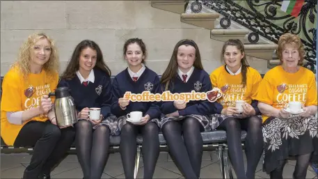  ??  ?? Mayor of Sligo Cllr Marie Casserly, ( Mercy College girls) Eimear Kearney, Niamh Kerr, Elizabeth Fahy, Julie Gaine and Dympna Gorman at the coffee morning for Northwest Hospice in City Hall. Donal Hackett.