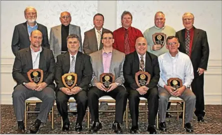  ?? CHRIS BARBER — DIGITAL FIRST MEDIA ?? New inductees into the Kennett Square Old Timers Baseball Hall of Fame are front row from left: Pat Doran, Ken Simon, Mike Burton, Kevin Sprague and Tim Rector; back row Clint Rector, George Starr, Speaker Chris Wheeler, Larry Lark, Timn Sipes and Old...