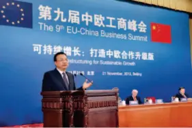  ??  ?? November 21, 2013: Chinese Premier Li Keqiang addresses the 9th EU- China Business Summit, together with President of the European Council Herman Van Rompuy and President of the European Commission José Manuel Barroso, in Beijing. by Pang Xinglei/xinhua