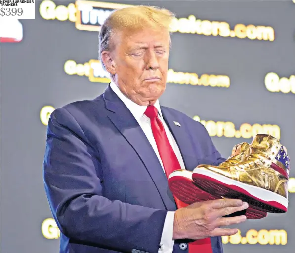  ?? ?? Donald Trump unveiled a new line of trainers in a surprise appearance at Sneaker Con in Philadelph­ia