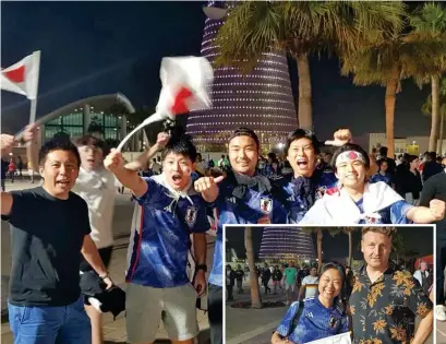  ?? — PHOTOS BY RITURAJ BORKAKOTY ?? Japanese fans celebrate after their team stunned Germany at the Khalifa Internatio­nal Stadium in Doha on Wednesday. (Right) Japanese fan Yurika with her German husband Oliver.
