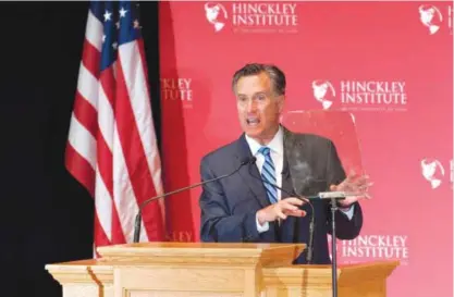  ??  ?? SALT LAKE CITY: This file photo taken on March 3, 2016 shows former Governor and presidenti­al candidate Mitt Romney during a speech for Hinckley Institute of Politics at the University of Utah. —AFP