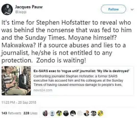  ??  ?? SCATHING. Journalist and author Jacques Pauw demands Stephan Hofstatter reveal his sources on the discredite­d saga of the ‘rogue unit’.