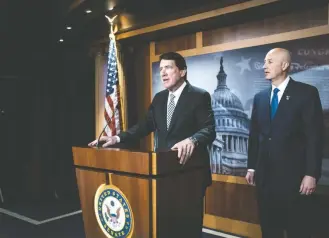  ?? Jabin Botsford/the Washington Post ?? Sens. Bill Hagerty (R-tenn.), at lectern, and Pete Ricketts (R-neb.) appear at a news conference Wednesday to talk about the D.C. legislatio­n, which did not receive congressio­nal approval.