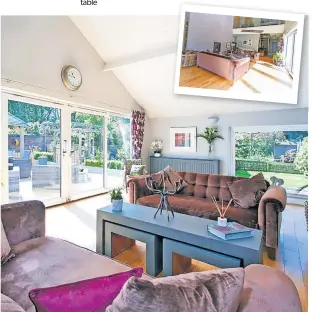  ?? ?? Relax in style The lounge has patio doors leading out to the garden, and also enjoys a gallery, seen inset, handy for extra storage or even a home bar