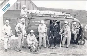  ??  ?? Fire crew, from left: David Arthur, Andrew Williamson, James Anderson, Tom Shearer, John Simpson, divisional commander (unknown), Charlie Hutchison and George Leask in 1986