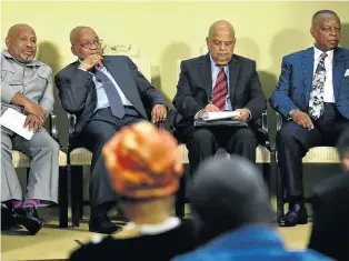  ?? Picture: ELMOND JIYANE ?? TALKING BUSINESS: President Jacob Zuma and Finance Minister Pravin Gordhan with Business Unity South Africa president Jabu Mabuza, left, and Black Business Council president Ndaba Ntsele