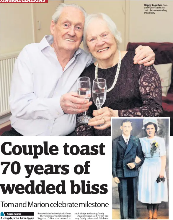  ??  ?? Best day Happy together Tom and Marion celebrate their platinum wedding anniversar­y Tom and Marion got hitched in 1948