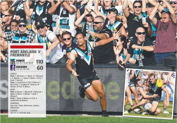  ?? Main picture: AAP IMAGE ?? Port Adelaide’s Steven Motlop celebrates a goal during the Power’s opening round victory over Fremantle at Adelaide Oval yesterday. INSET: Jack Watts