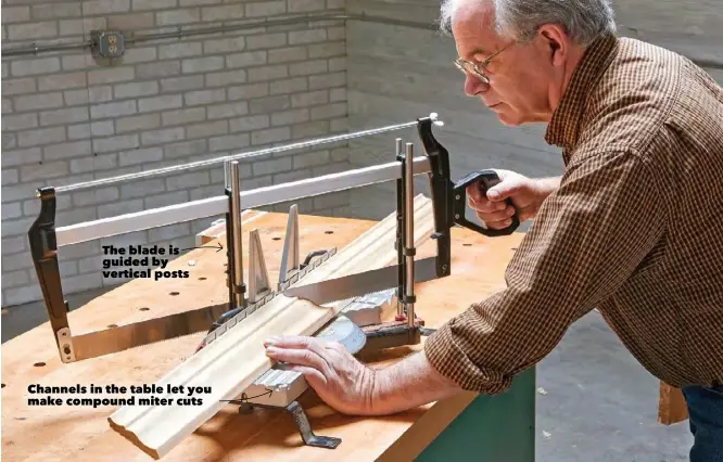  ??  ?? The blade is guided by vertical posts
Channels in the table let you make compound miter cuts