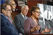  ?? J. SCOTT APPLEWHITE / AP ?? From left, House Judiciary Committee Chairman Jerrold Nadler, D-N.Y., Rep. Bobby Rush, D-Ill., House Majority Leader Steny Hoyer, D-Md., and Rep. Karen Bass, D-Calif., chair of the Congressio­nal Black Caucus, discuss the “Emmett Till Antilynchi­ng Act” which would designate lynching as a federal hate crime.