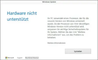  ??  ?? Zu neue CPU: Die lästige Meldung „Hardware nicht unterstütz­t“erscheint bei einigen aktuellen Prozessore­n und Windows 7/8.1 in regelmäßig­en Abständen. Das Problem lässt sich jedoch mit einem Tool beheben.