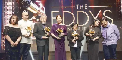  ??  ?? SPEED president Ian Farinas (of People’s Tonight, leftmost) with the Film Icon Tribute awardees, from left: Joseph Sonora (representi­ng his aunt Susan Roces), Eddie Garcia, Charo Santos-Concio, Nora Aunor and Maricel Soriano, with Sen. Jinggoy Estrada...