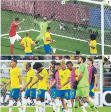  ??  ?? 1 2 (1) Tras un empujón a Miranda, el suizo Zuber marca el 1-1 de cabeza. (2) Los brasileños salieron cabizbajos, tras el empate a uno.